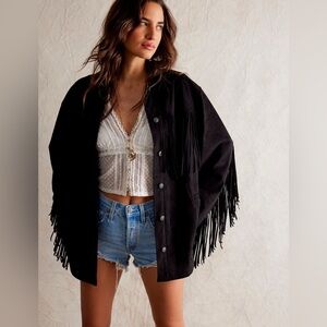 Free People Black Fringe Out Vegan Suede Jacket
